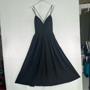 Elegant Black Fit & Flare Midi Dress Pleated Skirt & Multi-Strap Back Feminine M